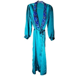 Vintage Chardin Satin Teal Blue Floral  Kimono Robe S